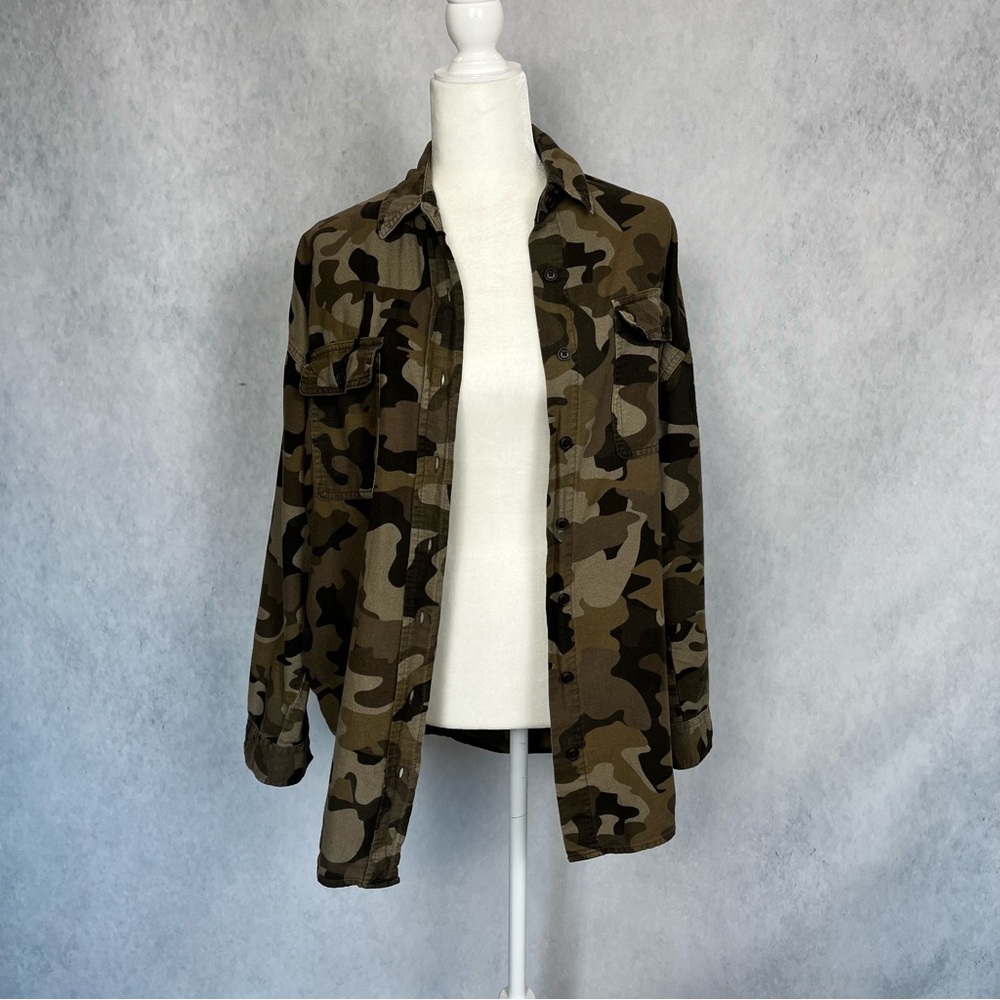Oversized button down camouflage long sleeve top baggy look